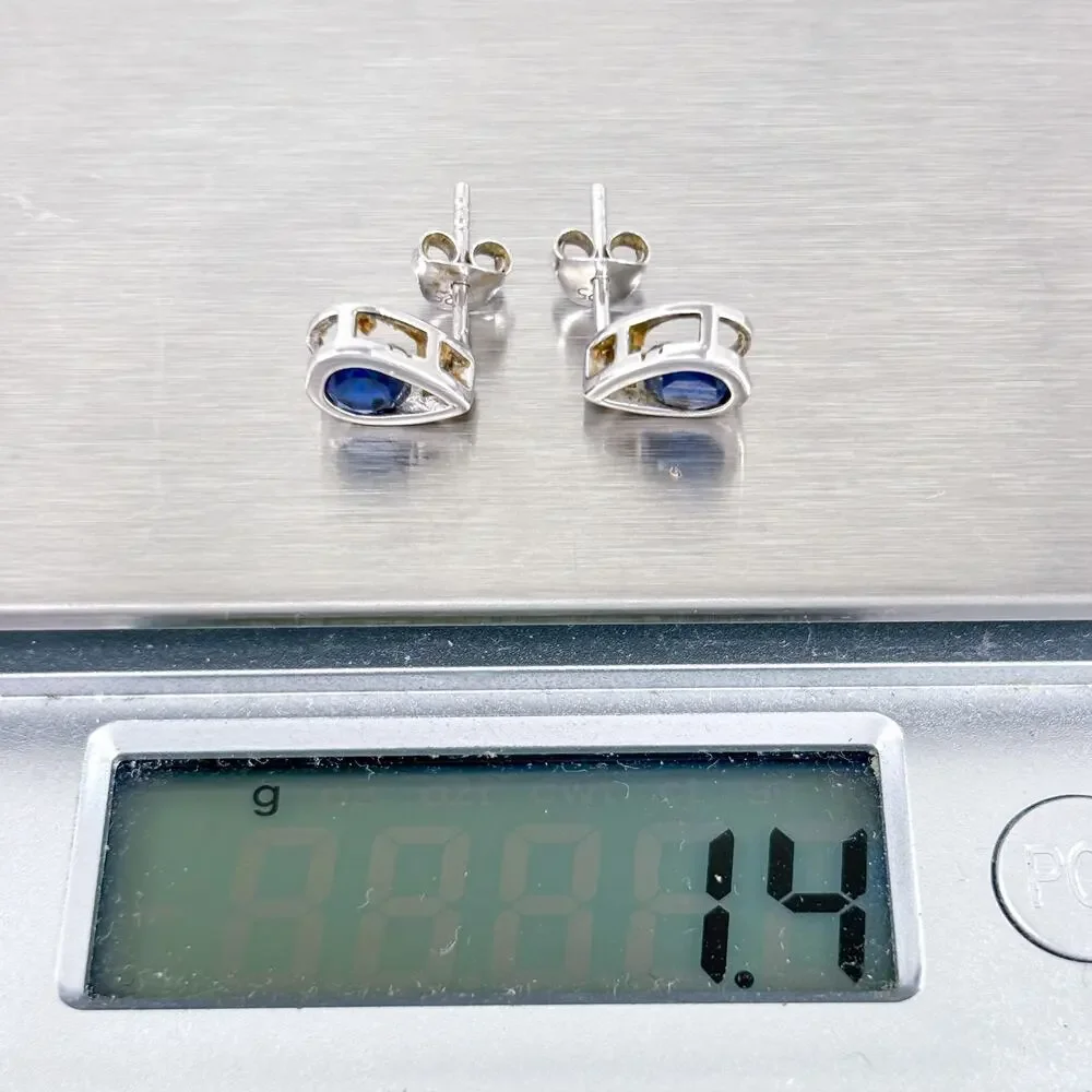 Blue Cubic Zirconia Teardrop Stud Earrings | Vintage Sterling Silver 925